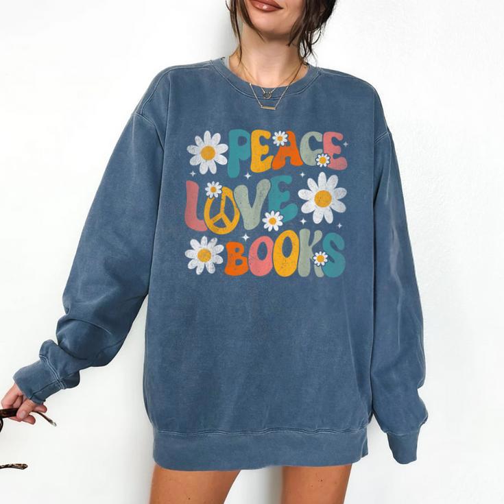 Peace Love Books Bookworm Librarian Reading Teacher Groovy Comfort Colors Sweatshirt