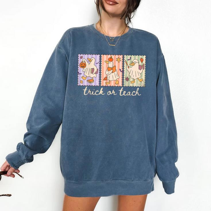 Preppy Goose Teacher Trick Or Teach Halloween Teacher Goose Comfort Colors Sweatshirt