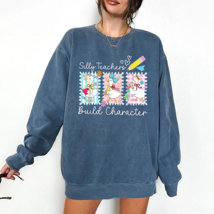 Preppy Silly Teacher Goose Build Character Back To School Comfort Colors Sweatshirt