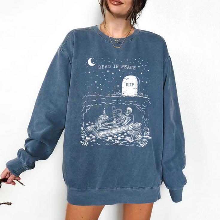 Read In Peace Skeleton Halloween Book Reading Spooky Teacher Comfort Colors Sweatshirt