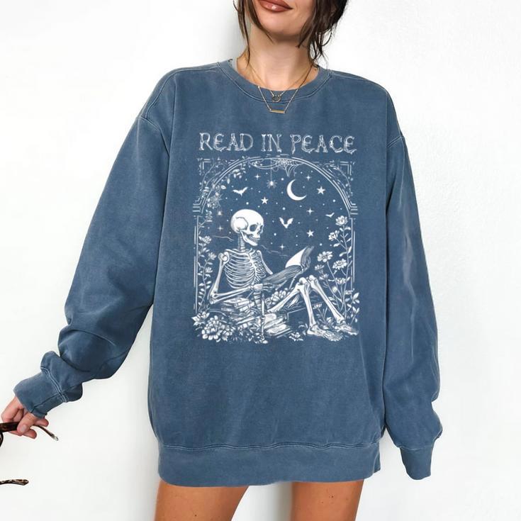 Read In Peace Skeleton Reading Teacher Spooky Halloween Comfort Colors Sweatshirt