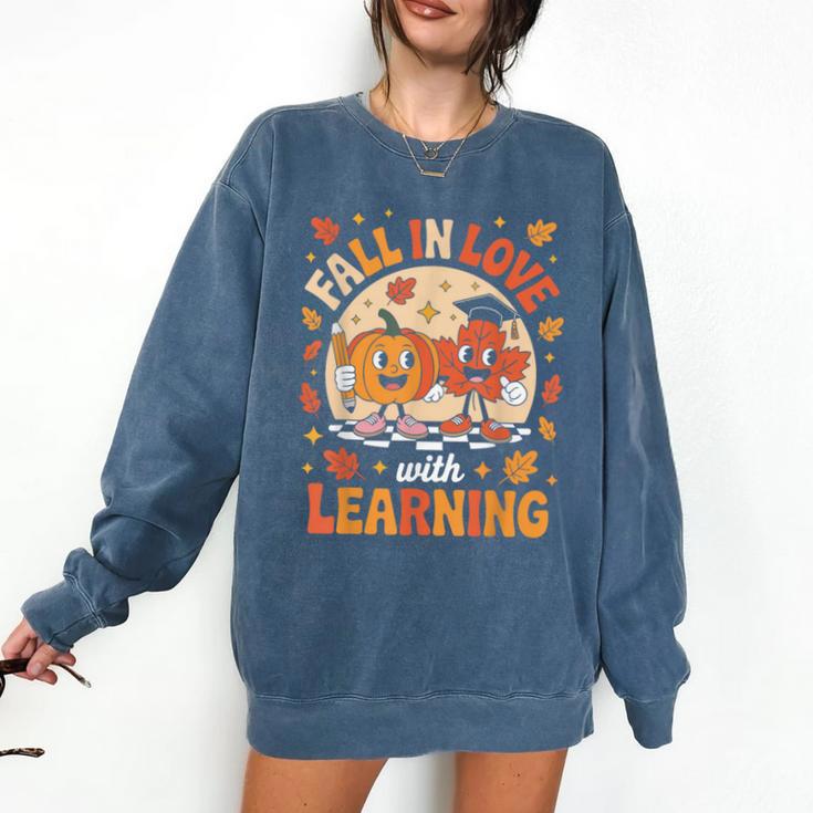 Retro Fall In Love With Learning Pumpkin Leaf Teacher Autumn Comfort Colors Sweatshirt
