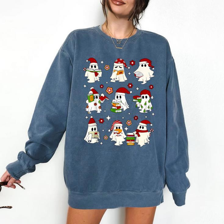 Santa Ghost Reading Books Christmas Library Teacher Comfort Colors Sweatshirt