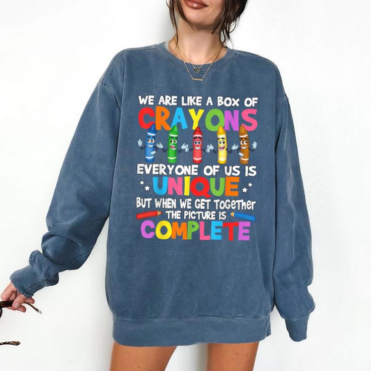 Teacher We Are Like a Box Of Crayons For Men Women Kids Comfort Colors Sweatshirt