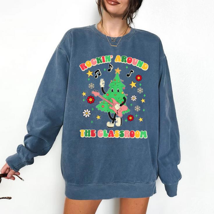 Teacher Christmas Shirts Pajama Matching Rockin' Around The Classroom -Adult Short Sleeve Small Modern Festive Christmas Teacher Xmas Vibes T-Shirt Comfort Colors Sweatshirt