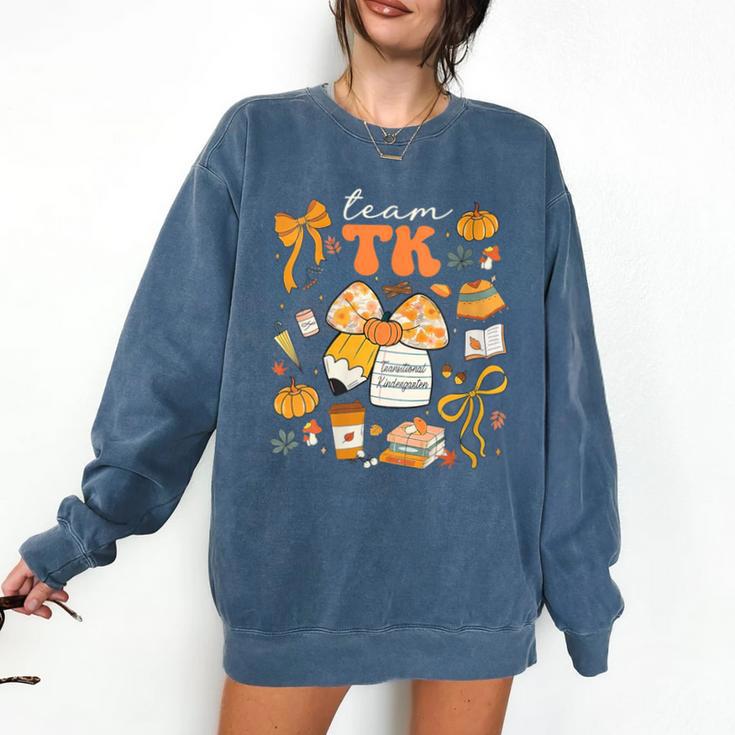 Team TK Crew Preppy Coquette Bow Pumpkin Fall TK Teacher Comfort Colors Sweatshirt