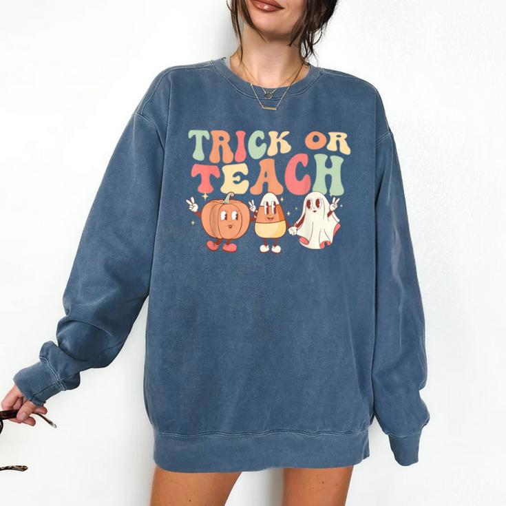 Trick Or Teach Pumpkin Candy Corn Ghost Halloween Teacher Comfort Colors Sweatshirt