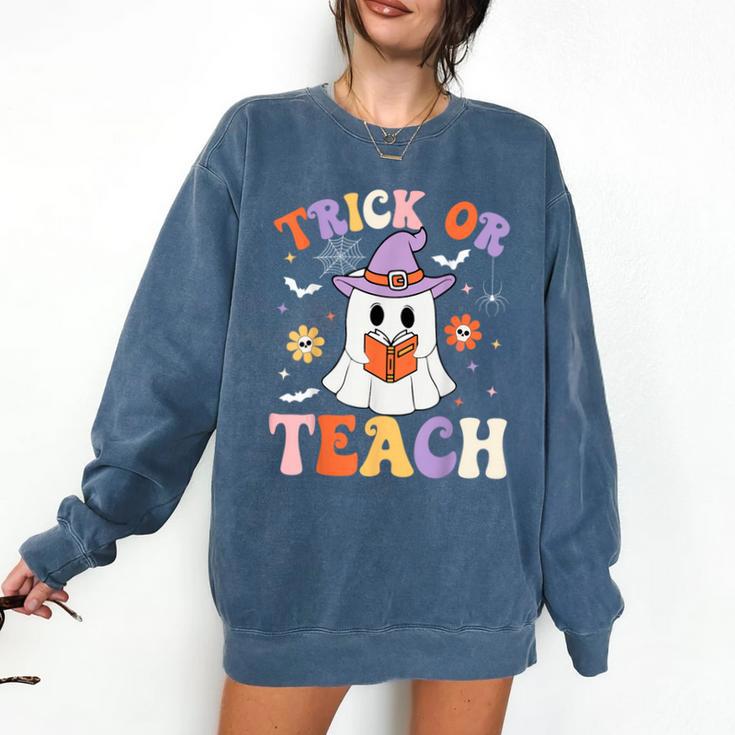 Trick Or Teach Teacher Groovy Ghost Halloween Teacher Comfort Colors Sweatshirt