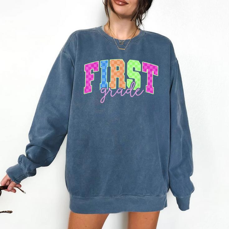 Back To School Neon Checkered First Grade Colorful Teacher Comfort Colors Sweatshirt Back To School Neon Checkered First Grade Colorful Teacher Comfort Colors Sweatshirt