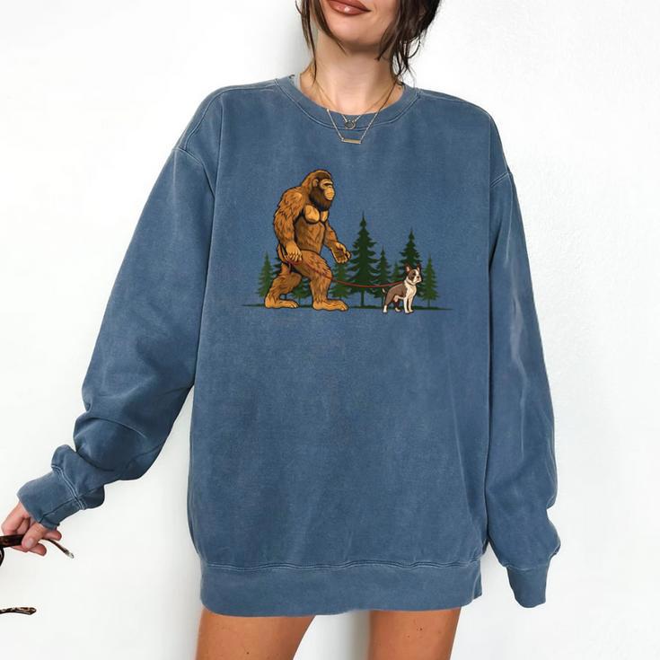 Boston Terrier Bigfoot Dog Walking Dog Mom Dad Kids Comfort Colors Sweatshirt