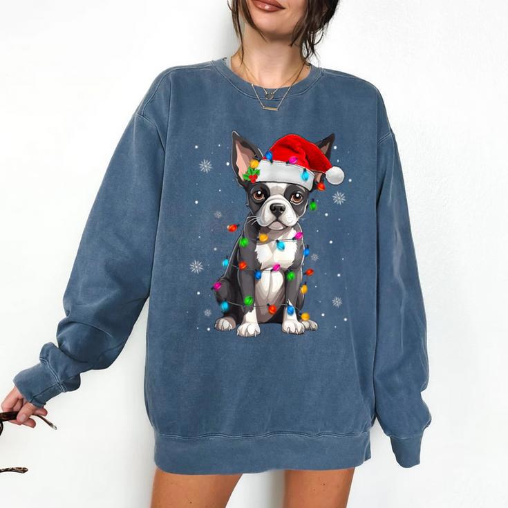 Boston Terrier Christmas Santa Hat Tree Lights Pajama Comfort Colors Sweatshirt