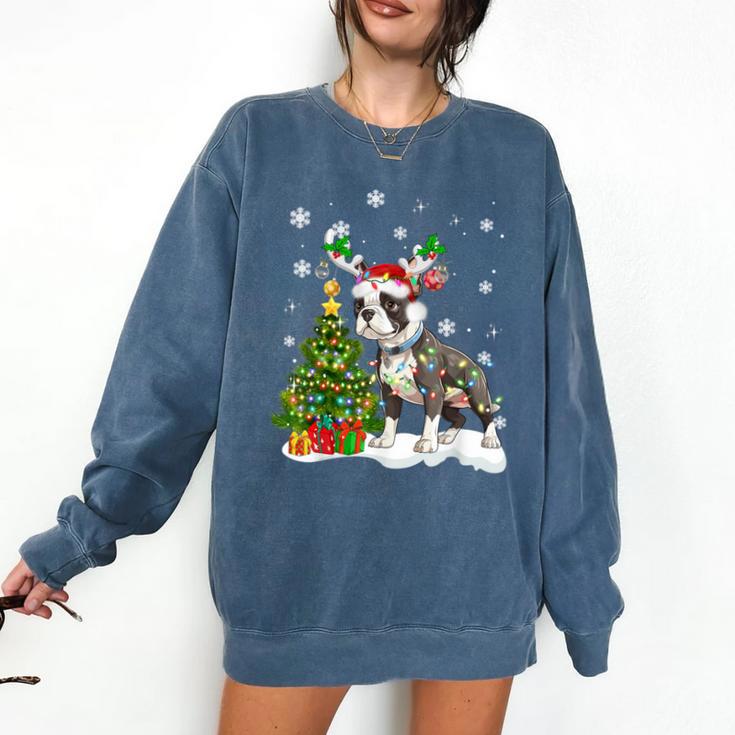 Boston Terrier Christmas Tree Lights Santa Hat Comfort Colors Sweatshirt