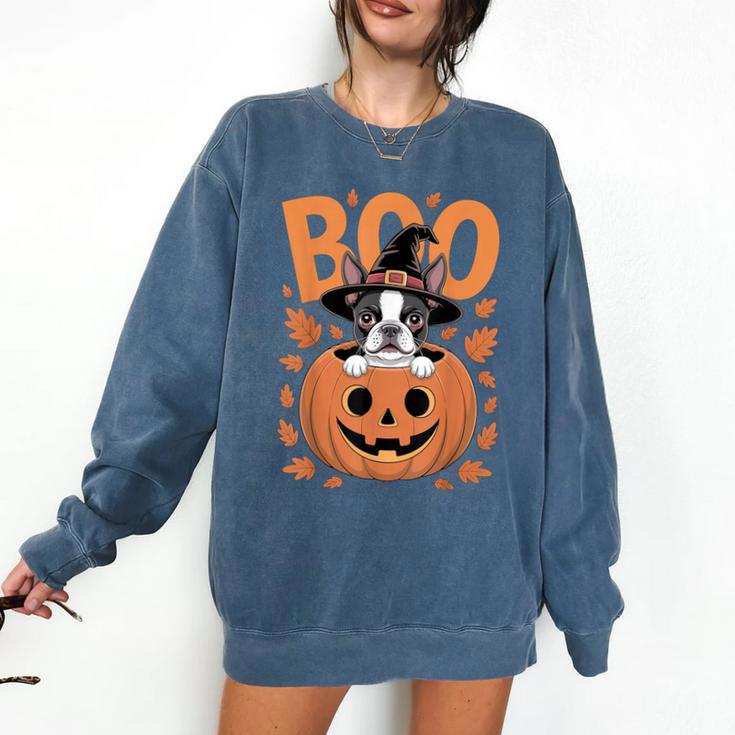 Boston Terrier Costume On Pumpkin Halloween Boston Terrier Comfort Colors Sweatshirt
