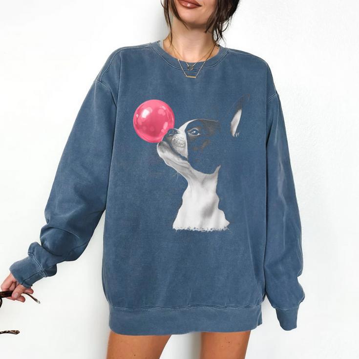 Boston Terrier Dog Blowing Chewing Bubble Gum Pink Comfort Colors Sweatshirt