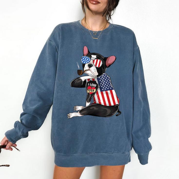 Boston Terrier Dog Merica 4th Of July Usa American Flag Men Comfort Colors Sweatshirt
