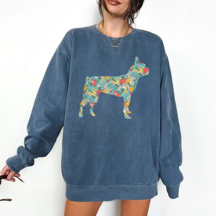Boston Terrier Flower Silhouette Floral Dog Men Women Girls Kids Comfort Colors Sweatshirt