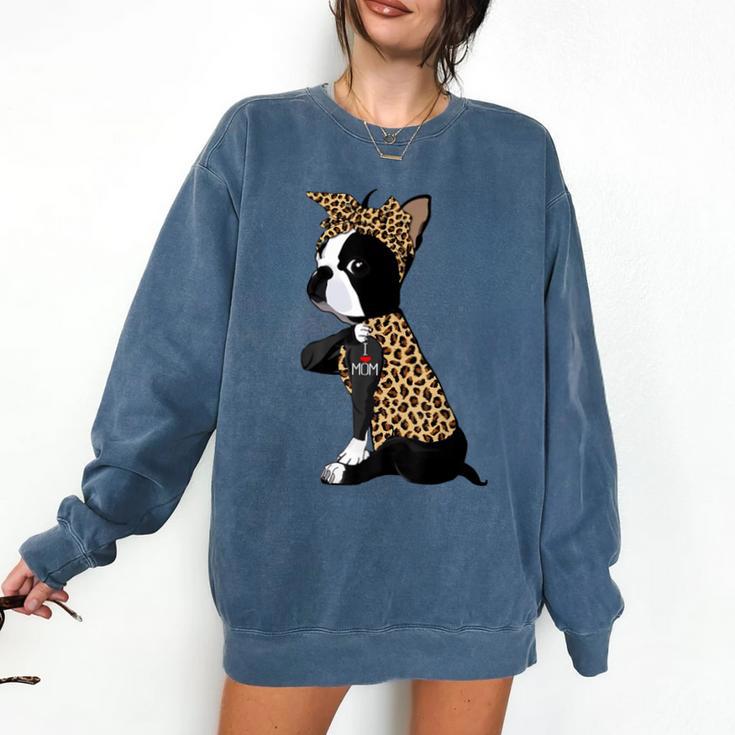 Boston Terrier Lover I Love Mom Tattoo Leopard Comfort Colors Sweatshirt