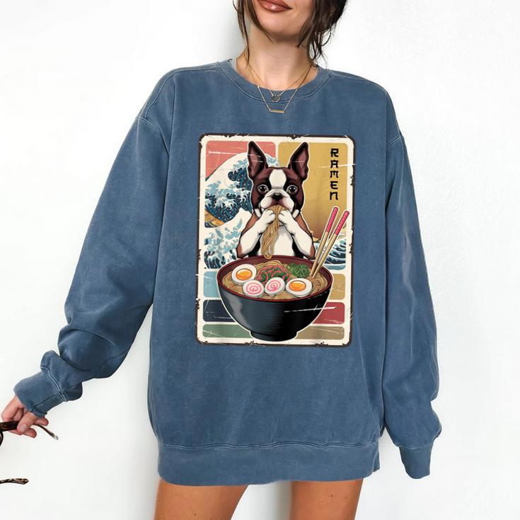 Boston Terrier Ramen Noodles Japanese Art Retro Ocean Waves Comfort Colors Sweatshirt