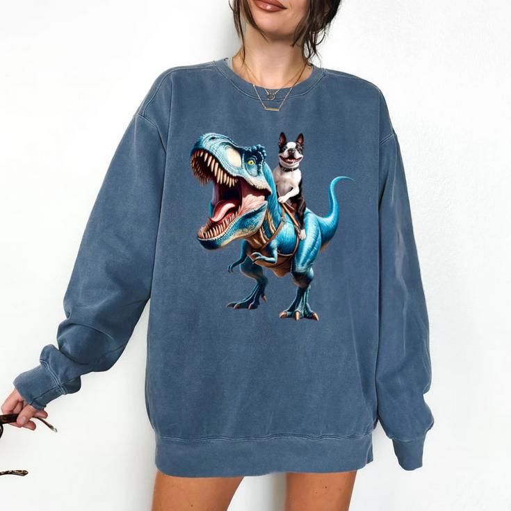 Boston Terrier Riding T-Rex Dinosaur Dog Lover Comfort Colors Sweatshirt
