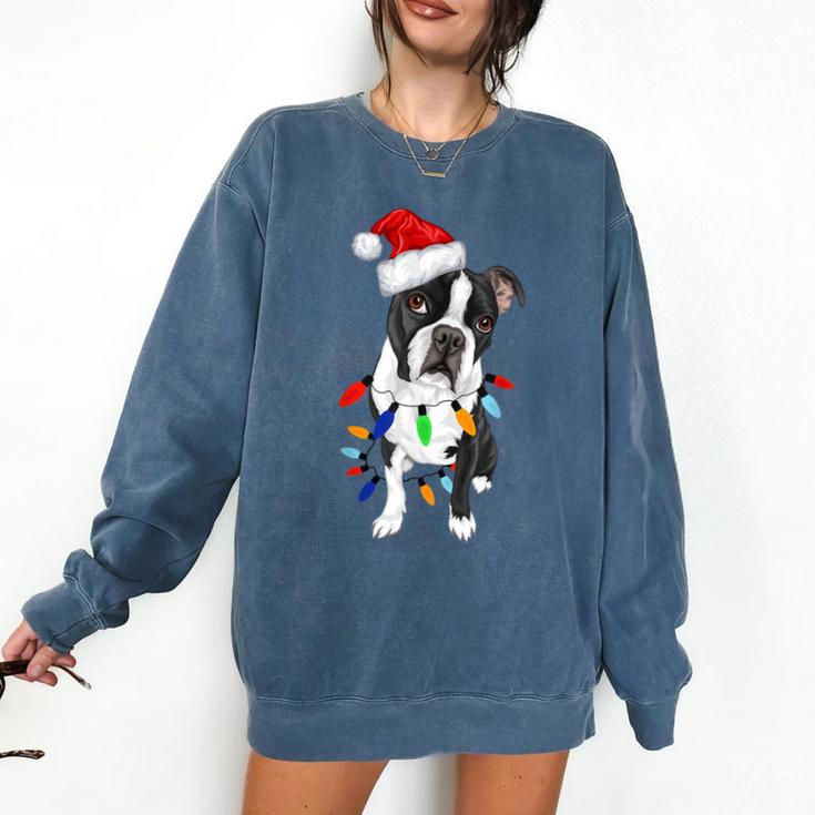 Boston Terrier Santa Christmas Lights Xmas Dog Lover Men Women Kids Comfort Colors Sweatshirt