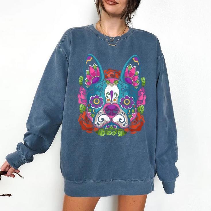 Boston Terrier Sugar Skull Dog Day Of The Dead Comfort Colors Sweatshirt