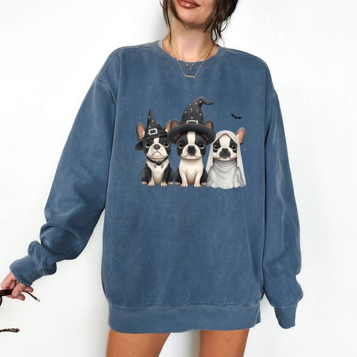 Cute Halloween Boston Terrier Dogs Witch Hat Ghost Dog For Men Women Kids Comfort Colors Sweatshirt