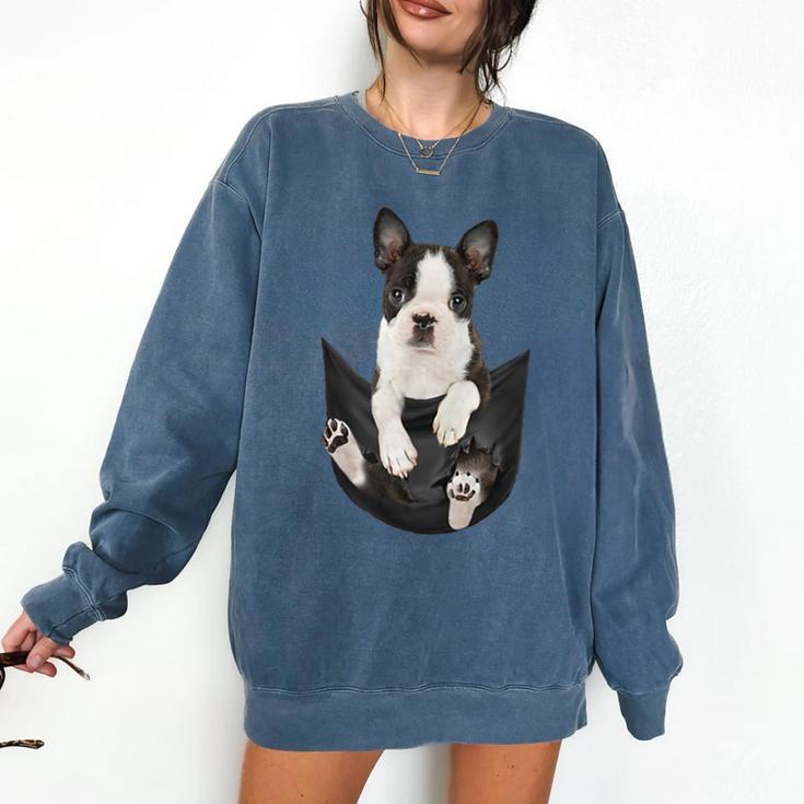 Dog Lovers Boston Terrier In Pocket Dog Face For Men Women Kids Comfort Colors Sweatshirt