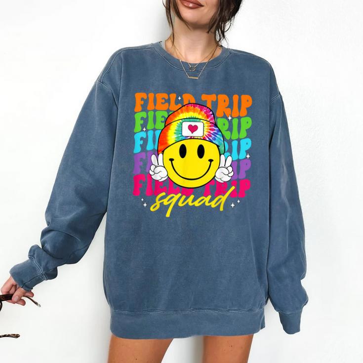 Field Trip Squad Groovy Field Day Smile Face Teacher Tie Dye Comfort Colors Sweatshirt