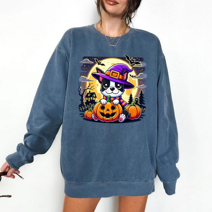 Halloween Boston Terrier Dog Breed With Jack O' Lantern Art Comfort Colors Sweatshirt
