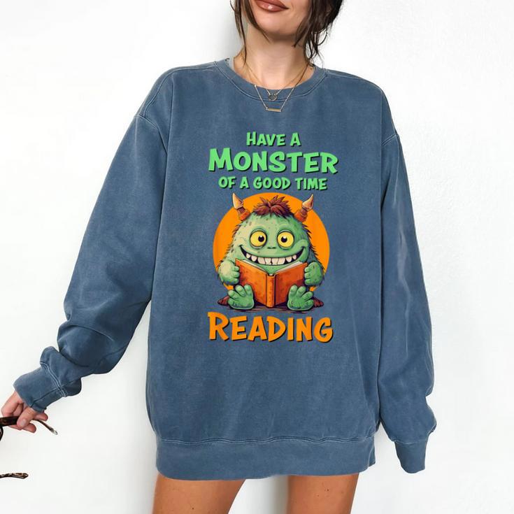 Halloween Teacher Librarian Monster Reading Books Men Women Kids Comfort Colors Sweatshirt