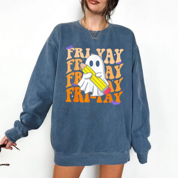 Happy Fri-Yay Friday Lovers Groovy Teacher Life Halloween Comfort Colors Sweatshirt