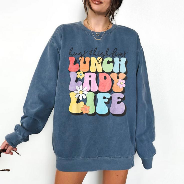 Soul Bleach Teacher Staff First Day Of School Last Hugs & High Fives Lunch Lady Vibes Blue Classic Fit Comfort Colors Sweatshirt