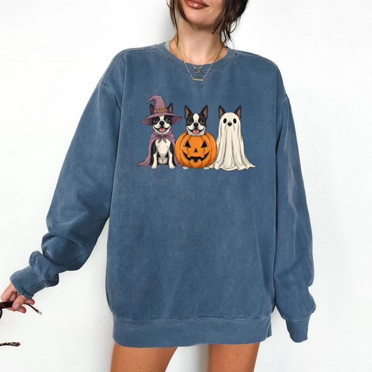 Spooky Ghost Boston Terrier Pumpkin Halloween Dog Lover Comfort Colors Sweatshirt