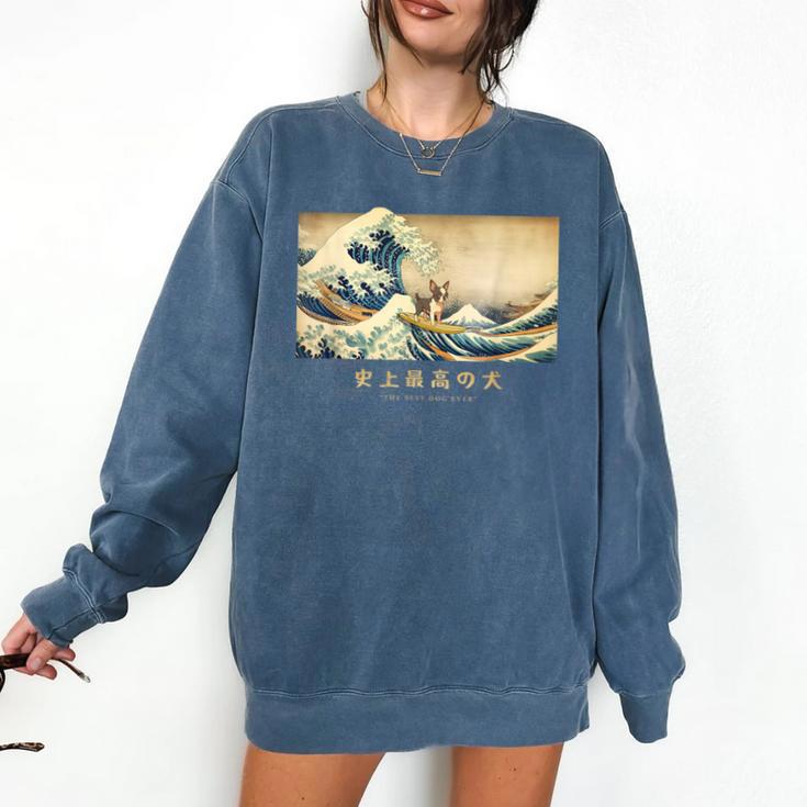 Surfing Boston Terrier Kanagawa Wave Japanese Dog For Men Women Kids Comfort Colors Sweatshirt