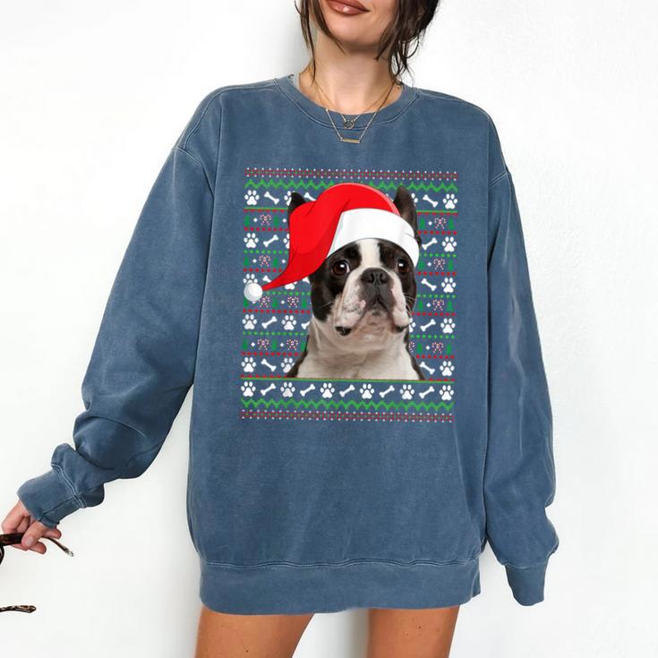 Ugly Xmas Sweater Santa Boston Terrier Dog Christmas For Men Women Kids Comfort Colors Sweatshirt