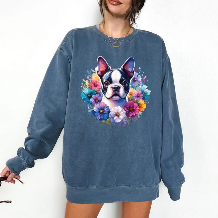 Watercolor Floral Boston Terrier Mama Dog Lover Mother's Day Comfort Colors Sweatshirt