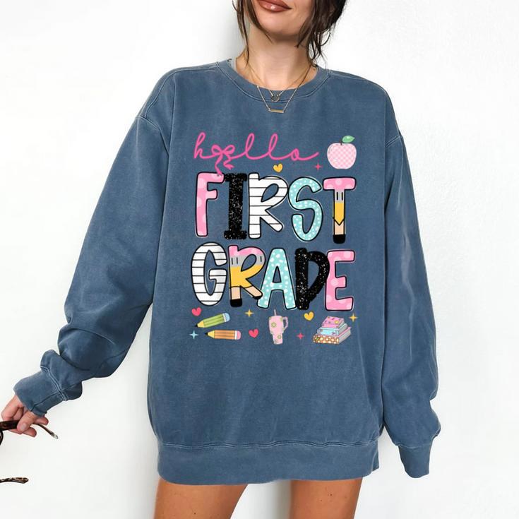 Hello First Grade Teacher Coquette Pencil Bow Back To School Comfort Colors Sweatshirt