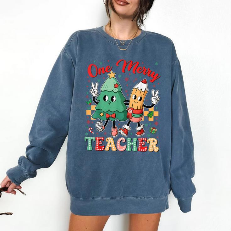 One Merry Teacher Groovy Christmas Tree Pjs Xmas Teacher Comfort Colors Sweatshirt