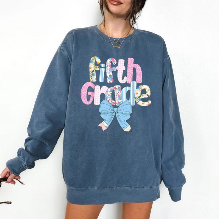 Preppy Fifth Grade Teacher Blue Floral Coquette Pencil Bow Comfort Colors Sweatshirt