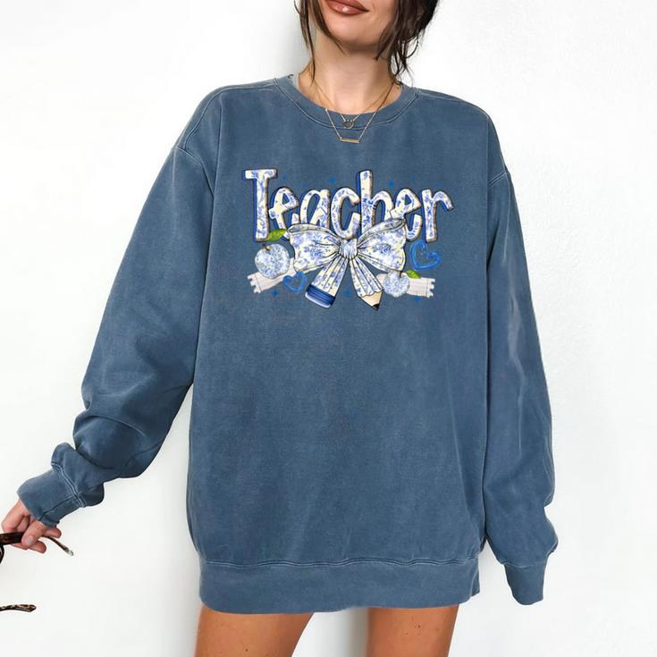 Teacher Blue Chinoiserie Coquette Bow Heart Teacher Life Comfort Colors Sweatshirt