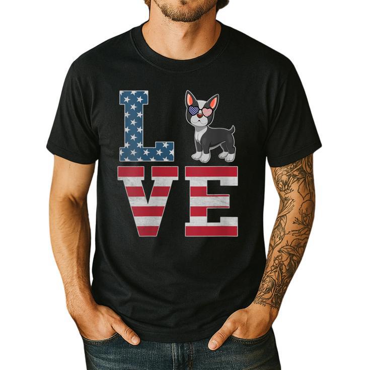 4th Of July Decor Patriotic LOVE Boston Terrier USA Flag Men's Casual T-Shirt