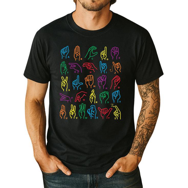 ABC Sign Language Chart Teacher Hand Letter Alphabet ASL Men's Casual T-Shirt