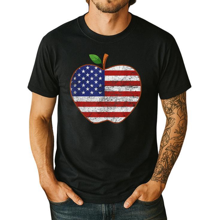 American Flag Teachers Students Apple 4th Of July Vintage Men's Casual T-Shirt