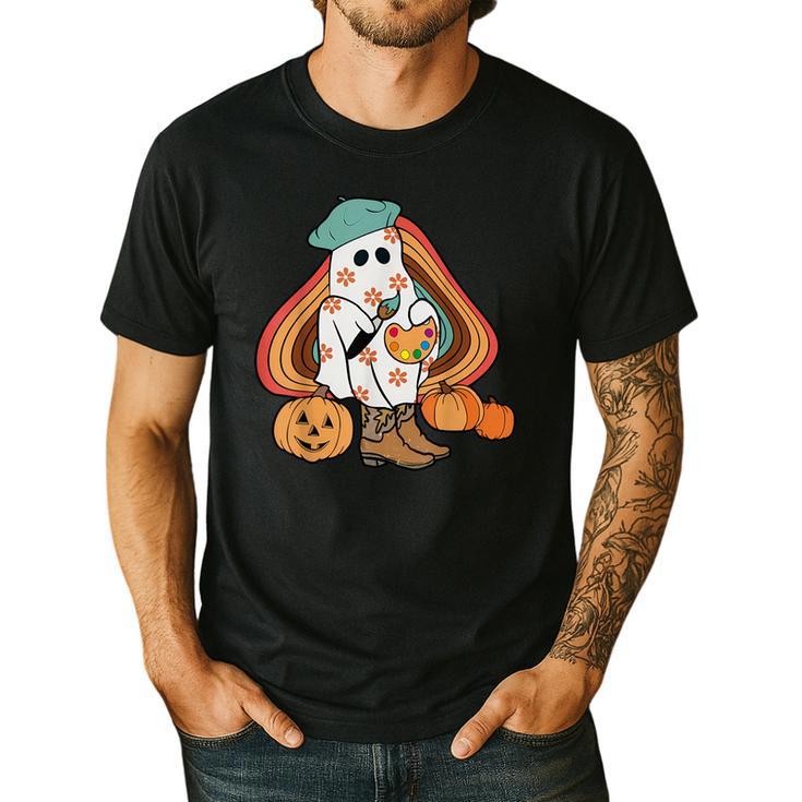 Art Teacher Painting Brushes Retro Pumpkin Ghost Artist Men's Casual T-Shirt