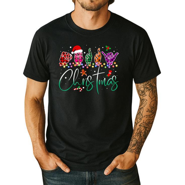 ASL Christmas Buffalo Plaid Teacher American Sign Language Men's Casual T-Shirt