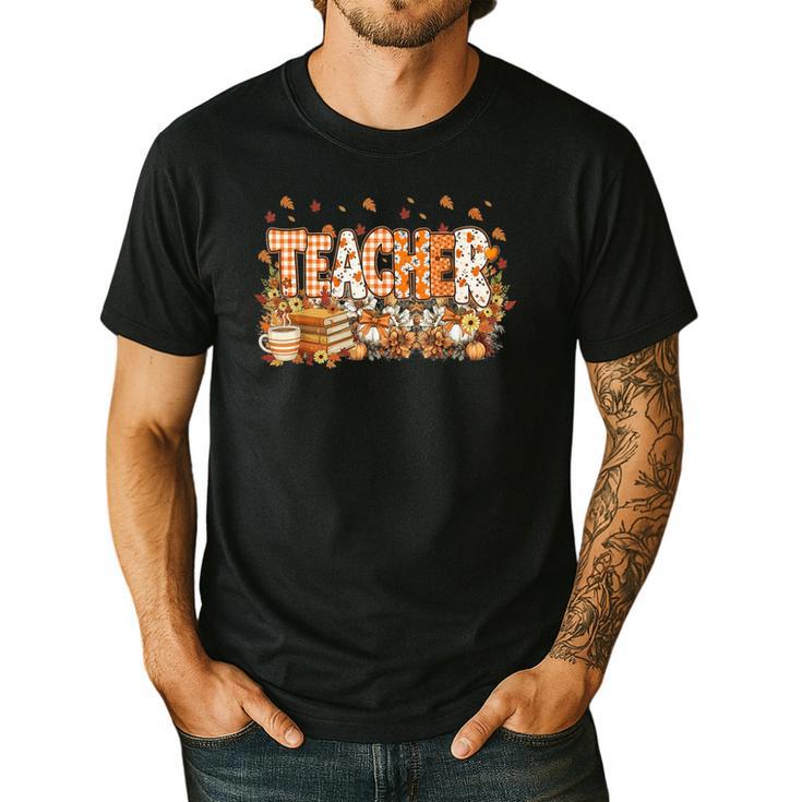 Autumn Pumpkin Thanksgiving Coffee Floral Teacher Fall Men's Casual T-Shirt