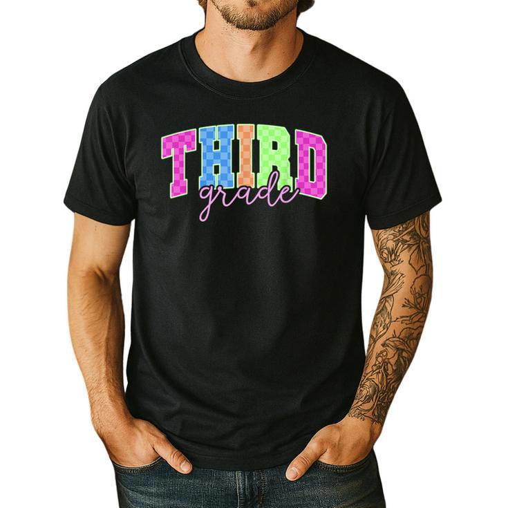 Back To School Neon Checkered Third Grade Colorful Teacher Men's Casual T-Shirt