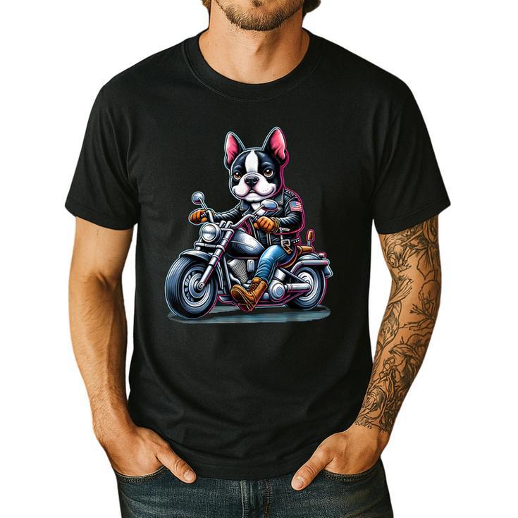 Biker Boston Terrier Dog Riding Motorbike Men's Casual T-Shirt
