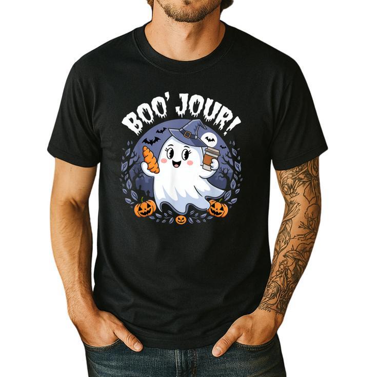Boo Jour Ghost Halloween French Teacher Cute Coffe Croissant Men's Casual T-Shirt