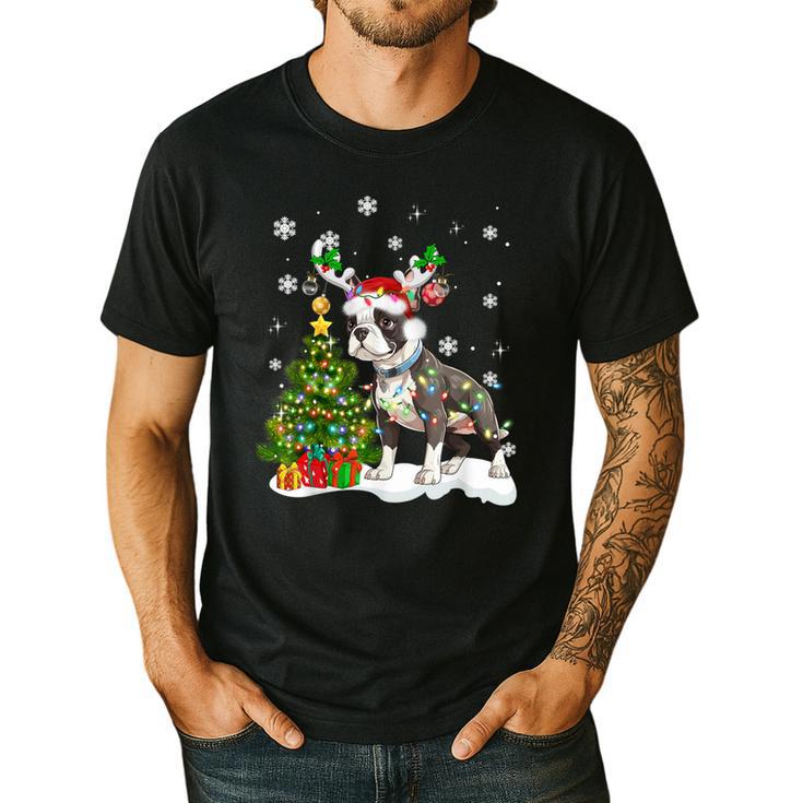 Boston Terrier Christmas Tree Lights Santa Hat Men's Casual T-Shirt